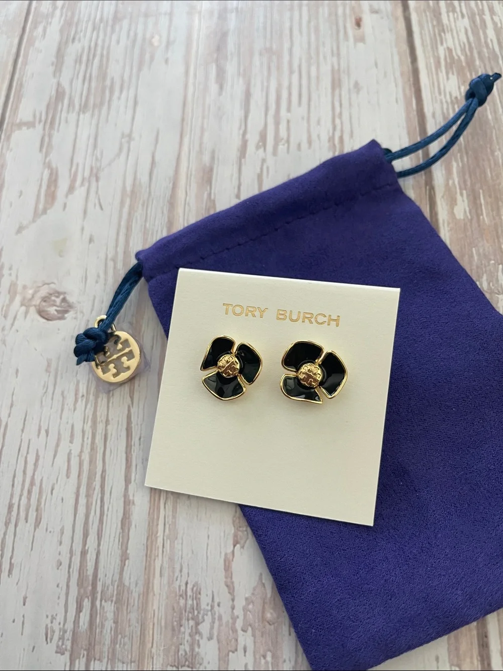 $235 New, Authentic Tory Burch Flower Black Enamel Gold TB Logo Stud Earrings